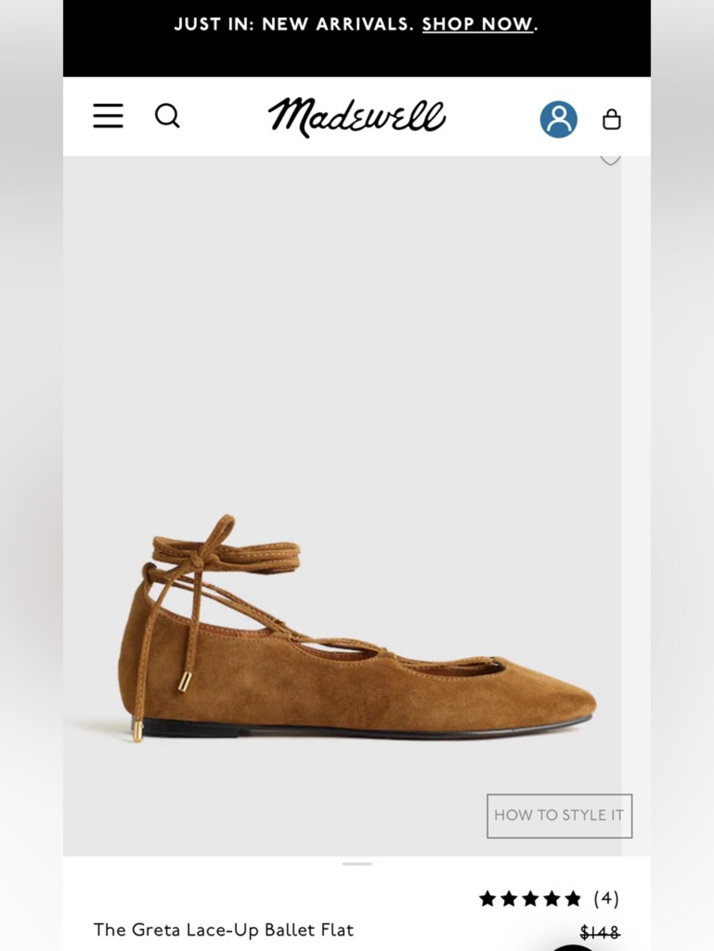Madewell Greta Lace-Up Ballet Flat in Warm Chestnut NWT